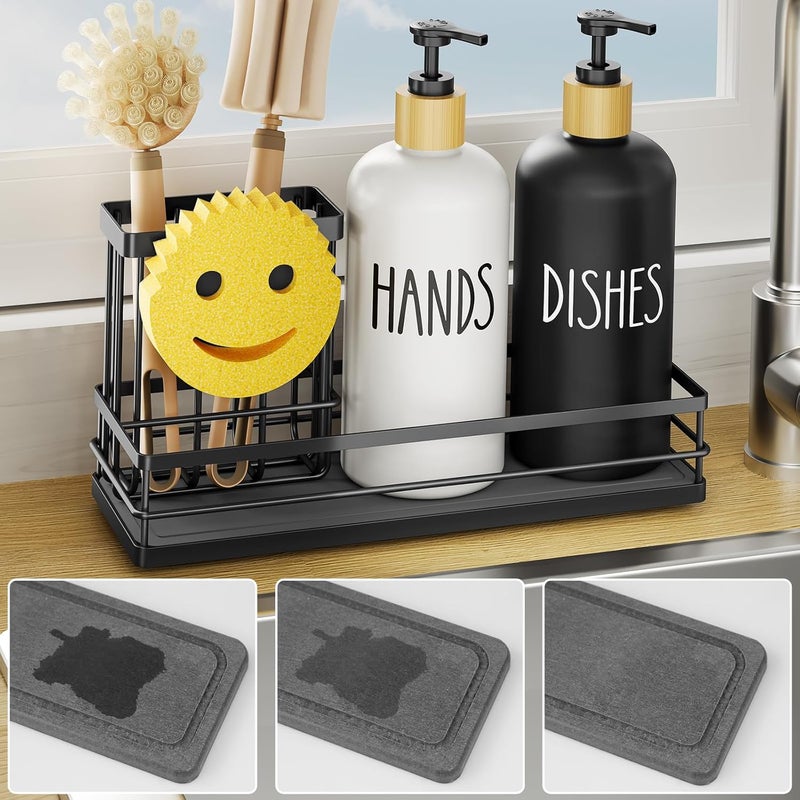 Moforoco Kitchen Dish Soap Dispenser Set, 16OZ Glass Bottle, Hand and Dish Soap Dispenser Set, Instant Dry Tray, Non-Slip Silicone Pad, Brush Holder with Smiley Face Sponge Holder, Kitchen Decor - Image 1